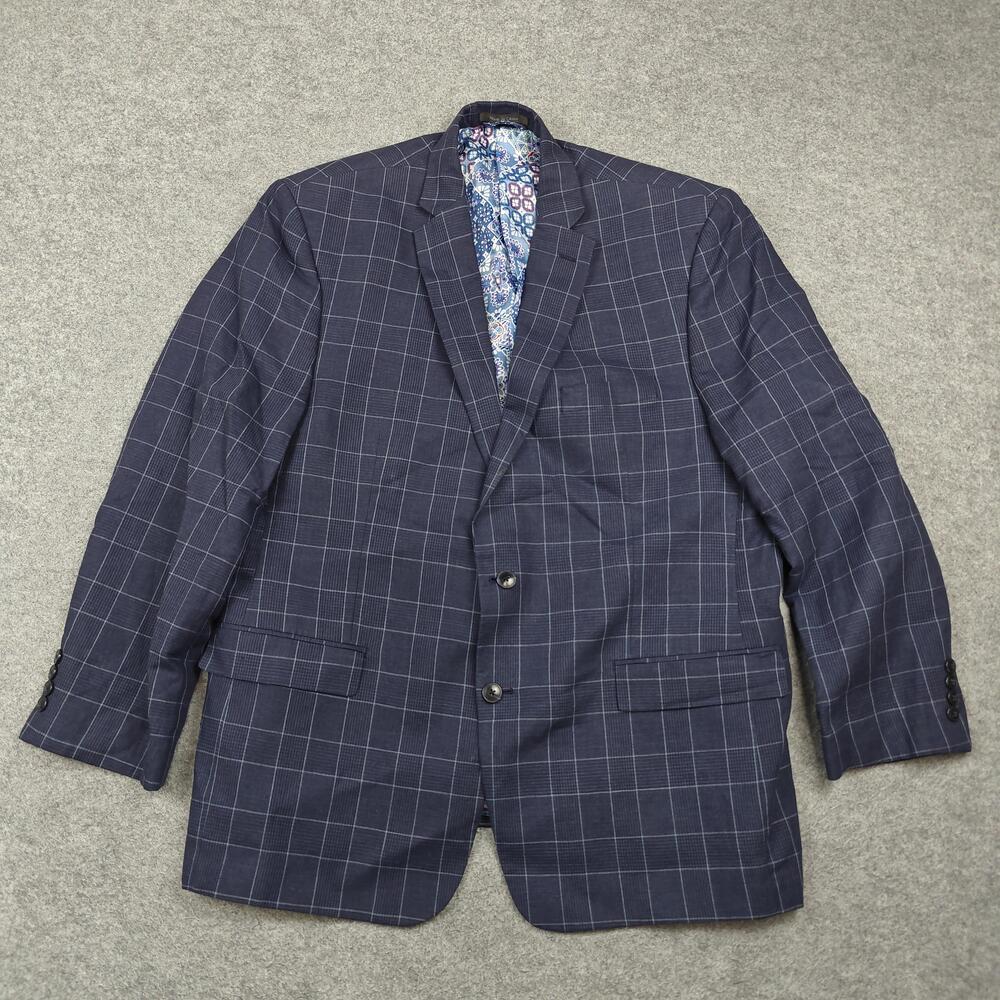 Van Heusen Sport Coat Mens 48R Blue Check Linen Blend Single-Breasted Business